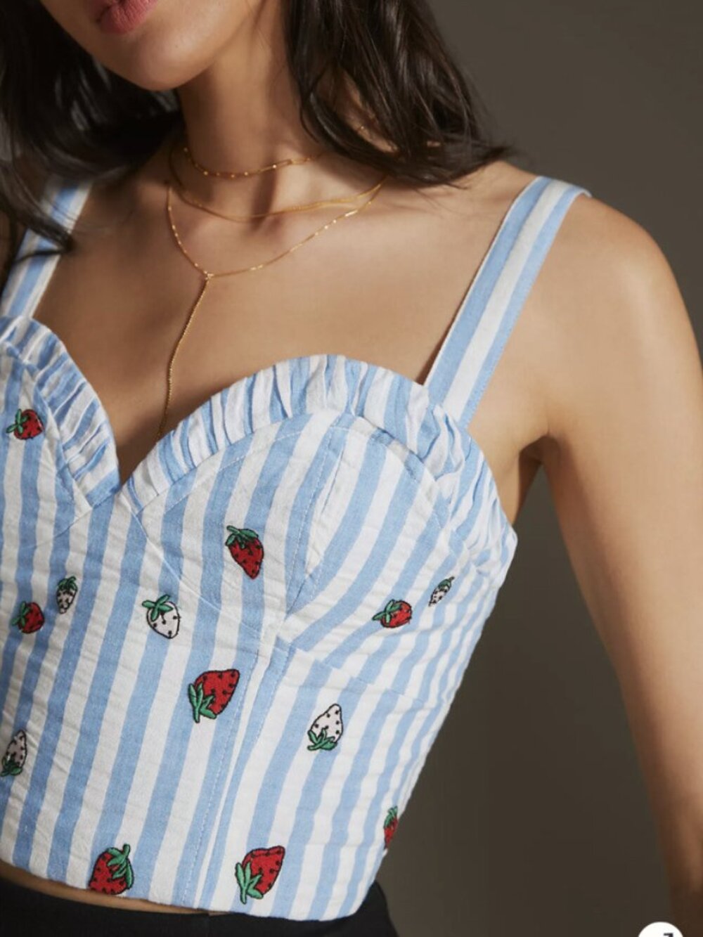 Anthropologie Maeve Striped Strawberry Embroidered Cami Crop Top